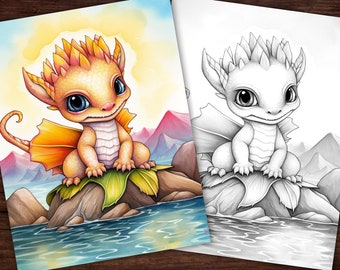 Baby Spring Dragon #6 Fantasy Coloring Page, Adults + kids- Instant Download Grayscale Coloring Page, Printable PDF, Dragons coloring