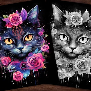 K&ouml;nnte beinhalten: Eine schwarze Katze mit gelben Augen ist von rosa und violetten Rosen umgeben. Die Katze hat ein drittes Auge auf der Stirn und ist von einem dunklen Hintergrund mit tropfender Farbe umgeben.