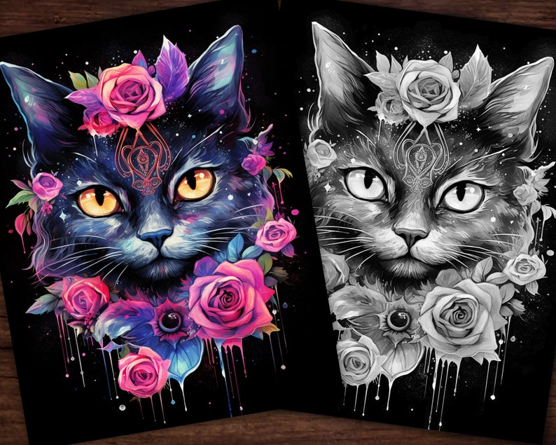 K&ouml;nnte beinhalten: Eine schwarze Katze mit gelben Augen ist von rosa und violetten Rosen umgeben. Die Katze hat ein drittes Auge auf der Stirn und ist von einem dunklen Hintergrund mit tropfender Farbe umgeben.