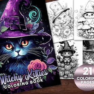 K&ouml;nnte beinhalten: Ein Malbuch mit 21 Seiten voller Illustrationen von Katzen, die Hexenh&uuml;te und andere Halloween-Accessoires tragen. Das Cover zeigt eine schwarze Katze mit einem lila Hexenhut und einem sternenklaren Hintergrund. Der Titel des Buches lautet "Witchy Kitties Coloring Book".