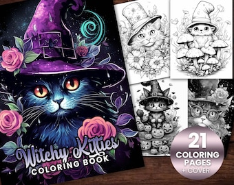 21 Witchy Kitties Coloring Book, Adults + kids- Download - Grayscale Coloring Page - Gift, Printable PDF, witches, cats , candles, spiritual