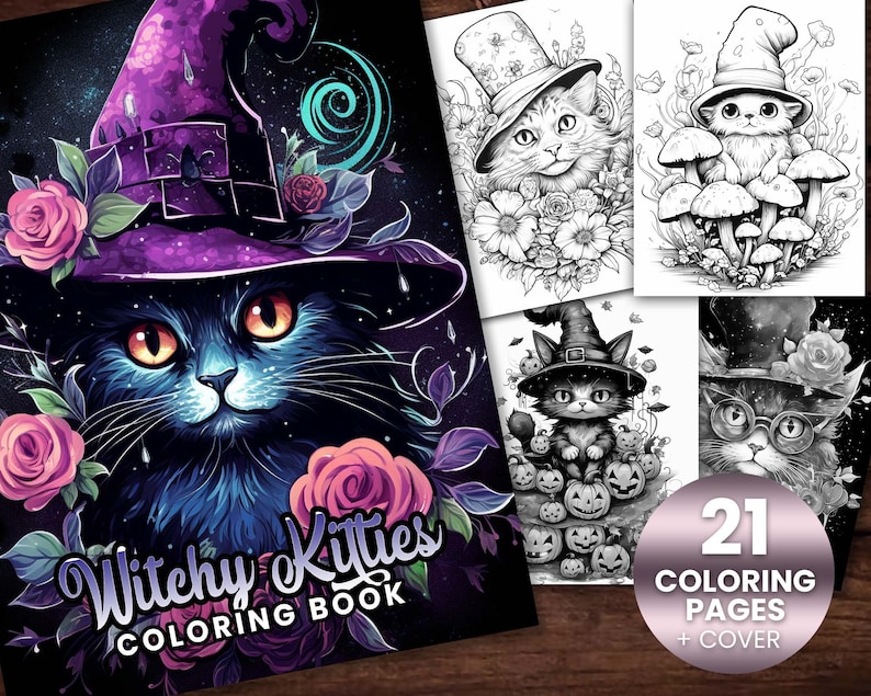 K&ouml;nnte beinhalten: Ein Malbuch mit 21 Seiten voller Illustrationen von Katzen, die Hexenh&uuml;te und andere Halloween-Accessoires tragen. Das Cover zeigt eine schwarze Katze mit einem lila Hexenhut und einem sternenklaren Hintergrund. Der Titel des Buches lautet "Witchy Kitties Coloring Book".