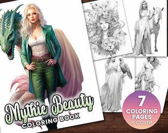 7 Mythic Beasts Coloring Book, Adults + kids- Instant Download - Grayscale Coloring Page Printable PDF Mythical Animals, Fantasy Queens
