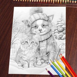 May include: A black and white illustration of two cats in a snowy winter scene. The larger cat is wearing a striped hat and scarf. The smaller cat is sitting next to the larger cat.