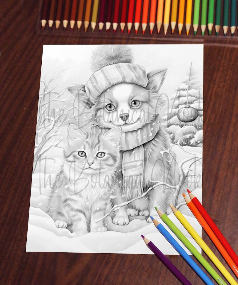May include: A black and white illustration of two cats in a snowy winter scene. The larger cat is wearing a striped hat and scarf. The smaller cat is sitting next to the larger cat.