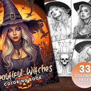 33 Beautiful Witches Coloring Book, Adults + kids- Download - Grayscale Coloring Page - Gift, Printable PDF, Halloween, skulls, beautiful,