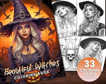 Op de afbeelding: Een kleurboekomslag met een heks met lang blond haar die een zwarte hoed en jurk draagt. De tekst op de omslag luidt "Beautiful Witches Coloring Book" en bevat een jack-o-lantern. De achterkant van de omslag toont 33 kleurplaten en een omslag.