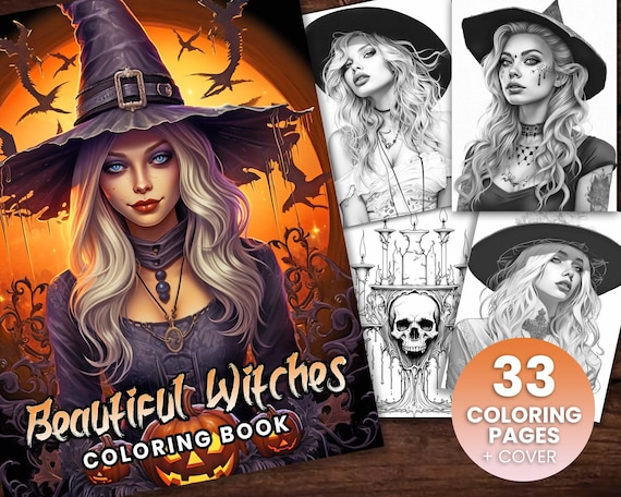 33 Beautiful Witches Coloring Book, Adults + kids- Download - Grayscale Coloring Page - Gift, Printable PDF, Halloween, skulls, beautiful,
