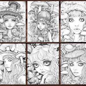 May include: Six black and white illustrations of girls with mushroom hats and surrounded by mushrooms. The girls have large eyes and long hair. The illustrations are in a whimsical style.