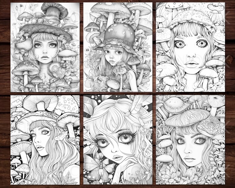 May include: Six black and white illustrations of girls with mushroom hats and surrounded by mushrooms. The girls have large eyes and long hair. The illustrations are in a whimsical style.