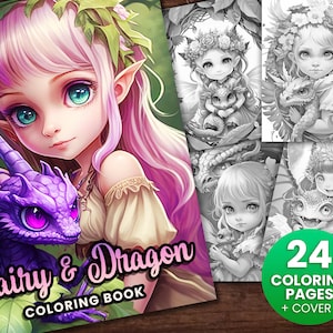 Forest Fairy & Baby Dragon Flower Fantasy Anime Coloring Page Book, Adults + kids Instant Download - Grayscale Coloring Page, Printable PDF