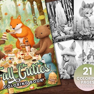 21 Fall Cuties Adorable Anime Coloring Page, Adults + kids- Instant Download - Grayscale Coloring Page - Gift, Printable Art PDF,Cute Forest