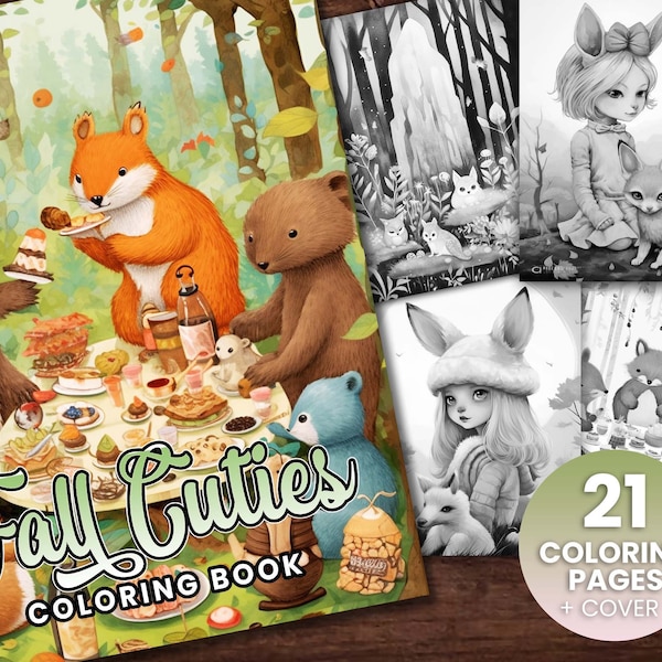 21 Fall Cuties Adorable Anime Coloring Page, Adults + kids- Instant Download - Grayscale Coloring Page - Gift, Printable Art PDF,Cute Forest