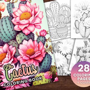 28 Blooming Cactuses Coloring Book, Adults kids Instant Download -Grayscale Coloring Book -Printable PDF, Cactuses, Flowering Cactus, Cute
