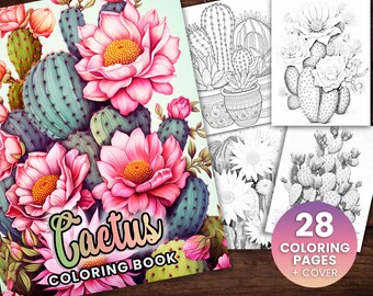 28 Blooming Cactuses Coloring Book, Adults kids Instant Download -Grayscale Coloring Book -Printable PDF, Cactuses, Flowering Cactus, Cute