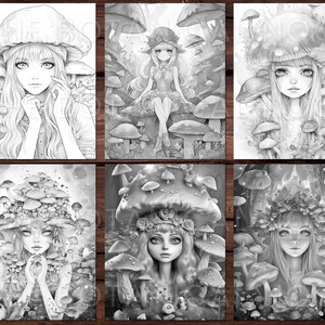 May include: Six black and white illustrations of a girl with long hair wearing a mushroom cap and surrounded by mushrooms. The girl in each illustration has a different expression and pose.