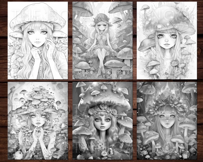 May include: Six black and white illustrations of a girl with long hair wearing a mushroom cap and surrounded by mushrooms. The girl in each illustration has a different expression and pose.