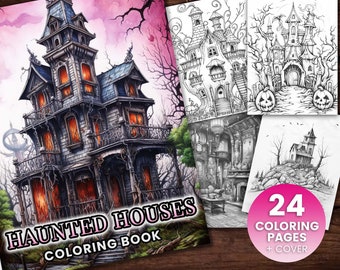 24 Halloween Haunted Houses Coloring Book, Adults + kids- Download - Grayscale Coloring Page - Printable PDF, Halloween, pumpkin, Ghosts