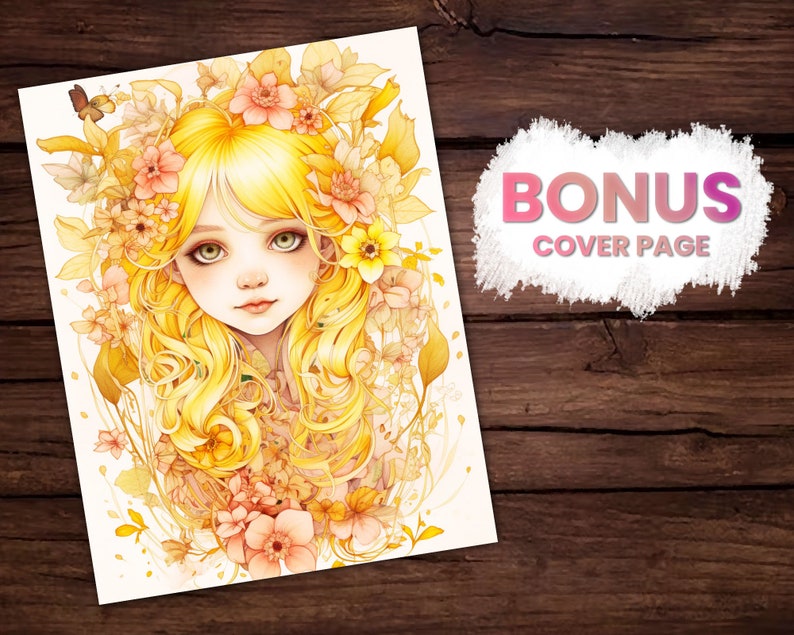 May include: A watercolor illustration of a girl with long, flowing yellow hair adorned with flowers. The artwork features soft pink and yellow tones, with a butterfly and the text "BONUS COVER PAGE" on a white background.