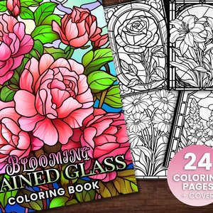 24 Blooming Stained Glass Collection Coloring Book, Adults + kids- Instant Download - Grayscale Coloring Page - Printable PDF, stained glass