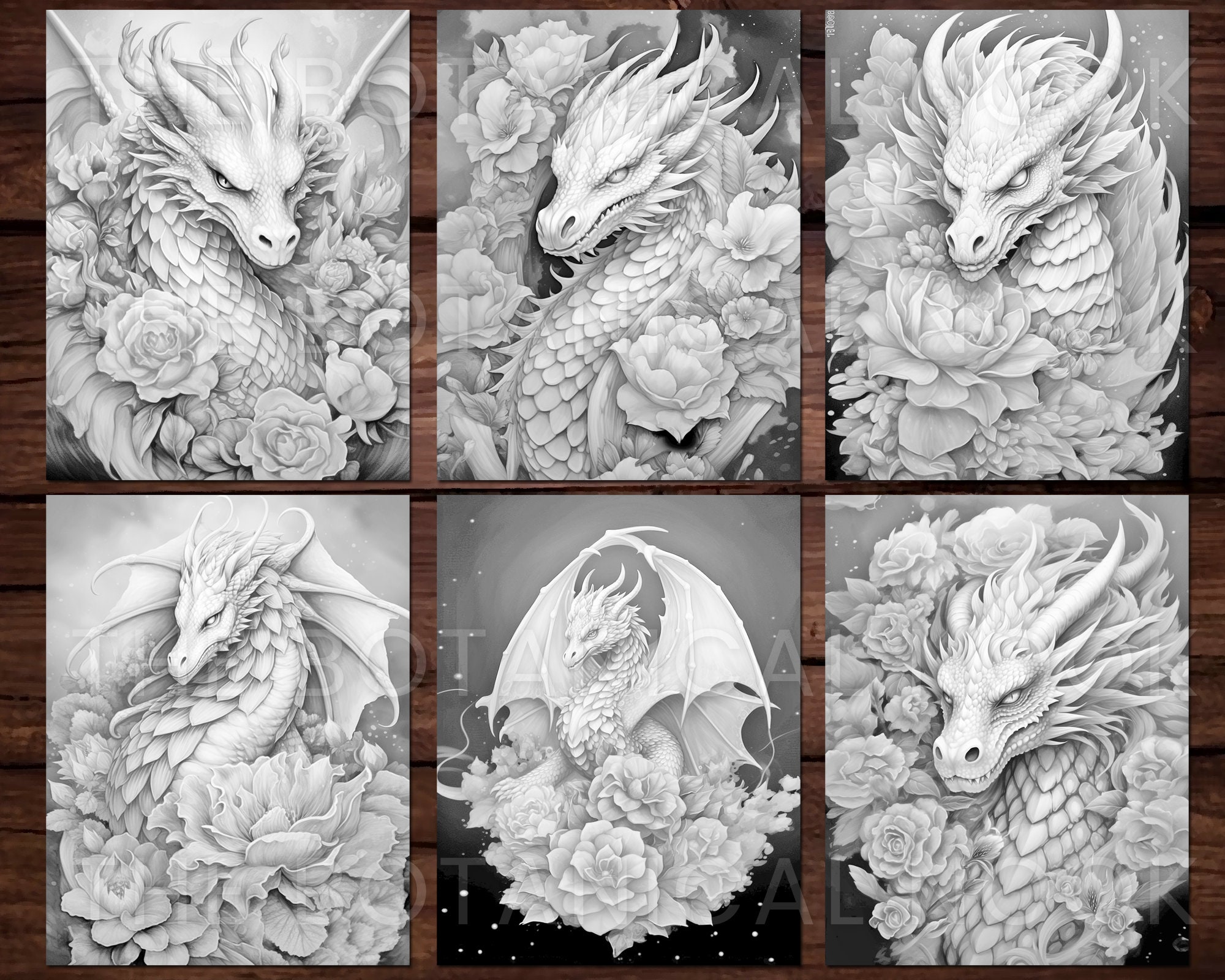 28 bloeiende draken bloem fantasie kleurplaat boek, volwassenen + kinderen  - Instant Download - grijswaarden kleurplaat, afdrukbare PDF, Dragon - Etsy  België, image size:2000x1600