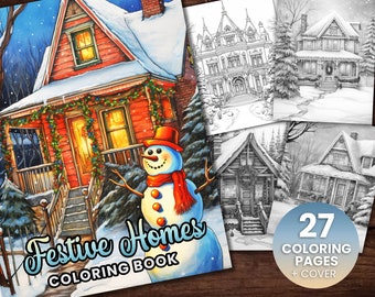 27 Christmas Homes Coloring Page Book, Adults + kids Instant Download Grayscale Coloring Page, Printable PDF Festive Houses, Cute Homes