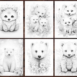 K&ouml;nnte beinhalten: Eine Sammlung von sechs Schwarz-Wei&szlig;-Kunstdrucken mit entz&uuml;ckenden Babytieren. Die Illustrationen zeigen einen Fuchs, einen Eisb&auml;ren und andere niedliche Kreaturen, umgeben von floralen und nat&uuml;rlichen Elementen. Ideal f&uuml;r die Dekoration von Kinderzimmern.
