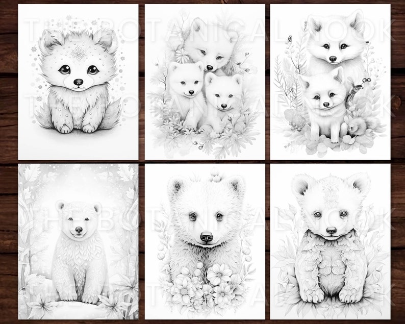 K&ouml;nnte beinhalten: Eine Sammlung von sechs Schwarz-Wei&szlig;-Kunstdrucken mit entz&uuml;ckenden Babytieren. Die Illustrationen zeigen einen Fuchs, einen Eisb&auml;ren und andere niedliche Kreaturen, umgeben von floralen und nat&uuml;rlichen Elementen. Ideal f&uuml;r die Dekoration von Kinderzimmern.