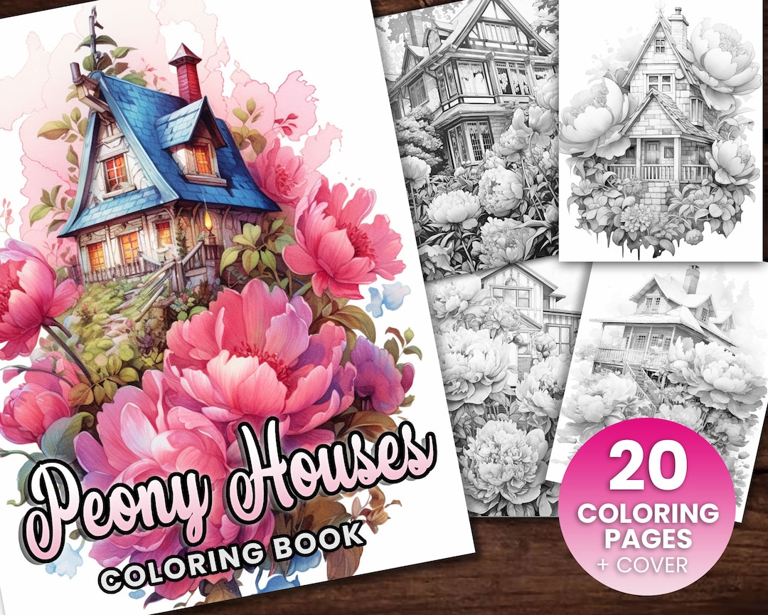 20 Blooming Peony Homes Coloring Book, Adults Kids Instant Download