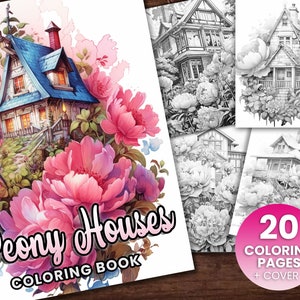 20 Blooming Peony Homes Coloring Book, Adults kids Instant Download -Grayscale Coloring Book -Printable PDF, Flower Houses, Fairy Houses