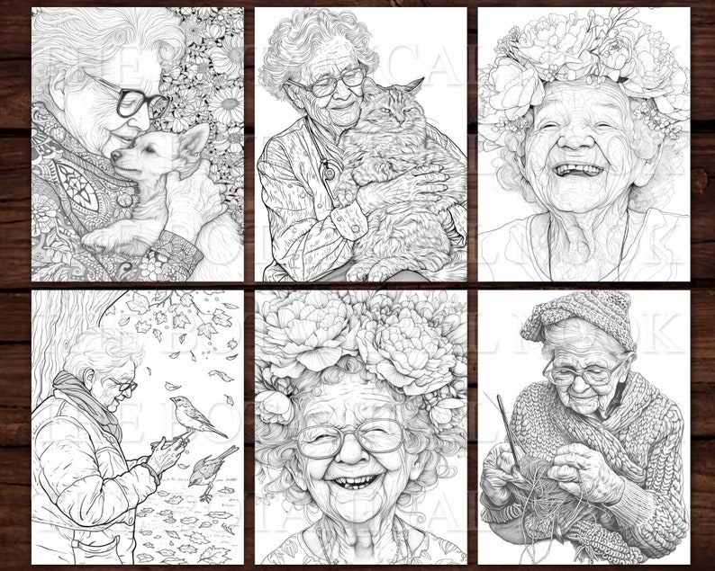 30 Elders in Love Coloring Pages Book, Adults kids Instant Download Grayscale Coloring Page, Printable PDF, Elders in love, adorable image 3