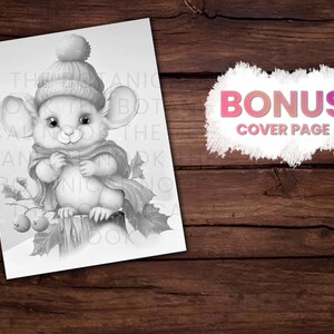 May include: A black and white illustration of a cute mouse wearing a winter hat and scarf, standing on a tree stump. The mouse is surrounded by holly leaves and berries.