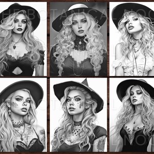 33 Beautiful Witches Coloring Book, Adults + kids- Download - Grayscale Coloring Page - Gift, Printable PDF, Halloween, skulls, beautiful, image 7