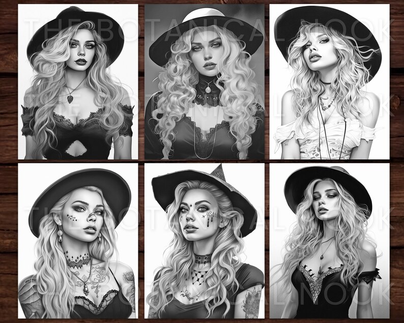 33 Beautiful Witches Coloring Book, Adults + kids- Download - Grayscale Coloring Page - Gift, Printable PDF, Halloween, skulls, beautiful, image 7