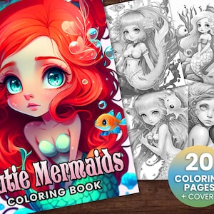20 Cutie Mermaids Underwater Princess Coloring Book, Adults + kids- Instant Download Grayscale Coloring Page - Printable PDF, ocean life