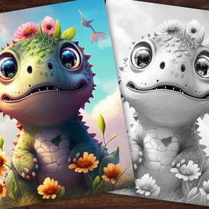Baby Flower Dinosaur #3 Fantasy Coloring Page, Adults + kids- Instant Download Grayscale Coloring Page, Printable PDF, Dragons coloring