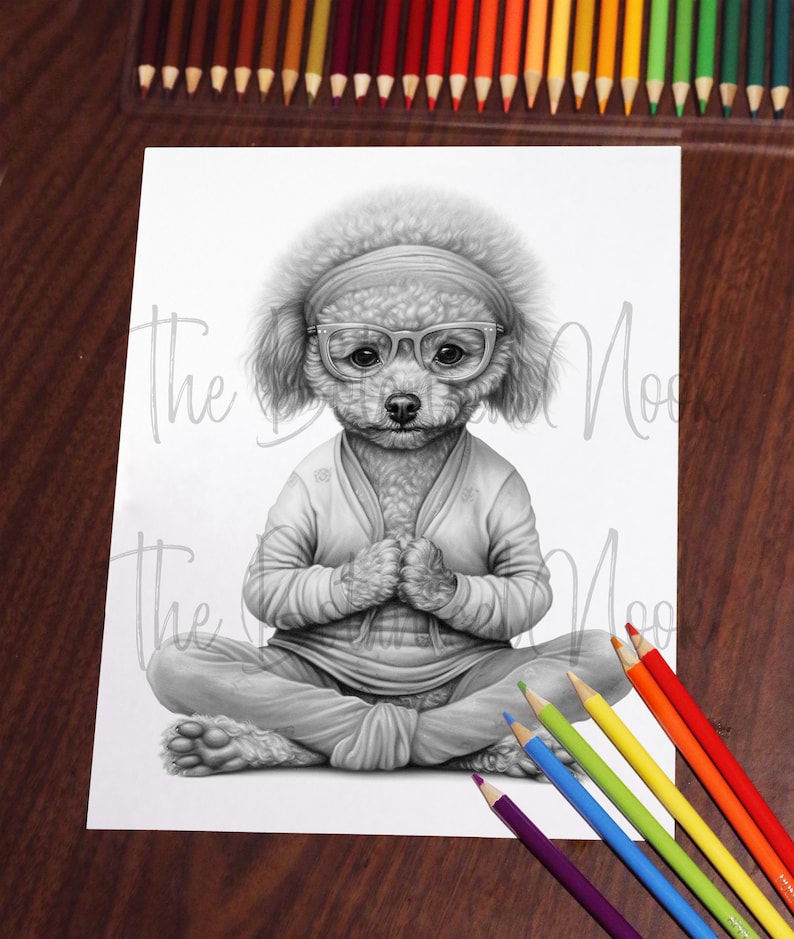 Pu&ograve; includere: Disegno a matita in bianco e nero di un barboncino con occhiali, fascia e cardigan, seduto a gambe incrociate con le mani giunte. Matite colorate in un arcobaleno di colori sono disposte attorno al disegno.