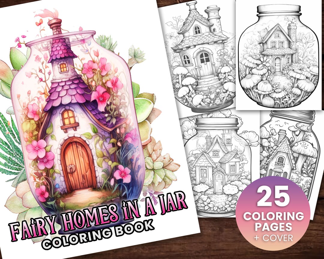 25 Fairy Homes in a Jar Coloring Book, Adults Kids Instant Download ...