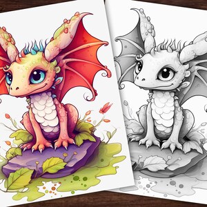 Baby Woodland Dragon #3Fantasy Coloring Page, Adults + kids- Instant Download Grayscale Coloring Page, Printable PDF, Dragons coloring V2