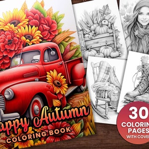 30 Happy Autumn Coloring Book, Adults + kids- Download - Grayscale Coloring Page - Gift Printable PDF, Halloween pumpkins, Thanksgiving Fall