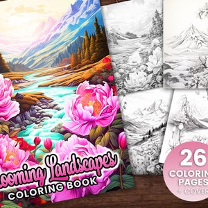 26 Blooming Mountain Landscapes Coloring Book, Adults kids Instant Download -Grayscale Coloring Book -Printable PDF, Flowers, Beauty