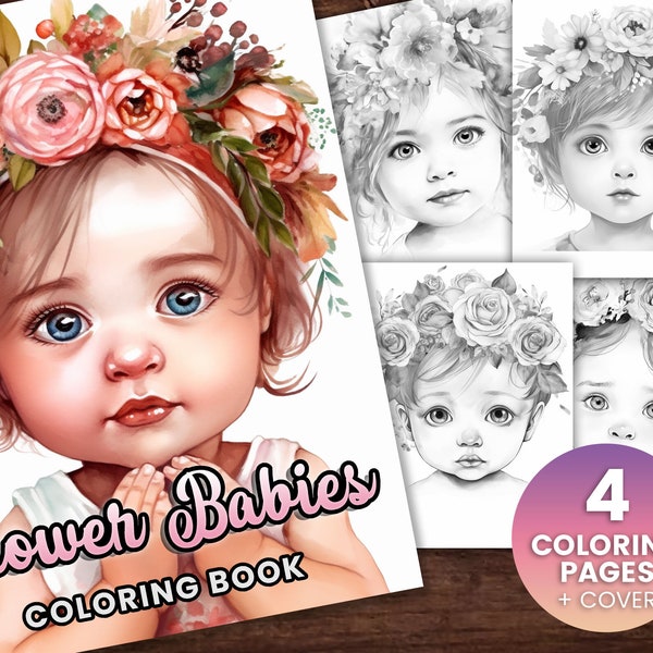4 Adorable Flower Babies Cuties Coloring Page, Adults + kids Instant Download - Grayscale Coloring Page - flower coloring, cute coloring
