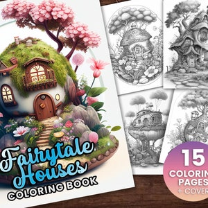 15 Fairytale Houses Coloring Book, Adults kids Instant Download -Grayscale Coloring Book -Printable PDF, woodhouses, fairy house, enchanted