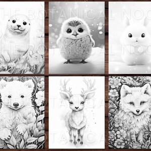 K&ouml;nnte beinhalten: Eine Sammlung von sechs Schwarz-Wei&szlig;-Tierillustrationen. Die Bilder zeigen eine Robbe, eine Eule, ein Kaninchen, ein Eisb&auml;renjunges, ein Reh und einen Fuchs. Jedes Tier ist in einem detaillierten, k&uuml;nstlerischen Stil dargestellt, umgeben von floralen Elementen.