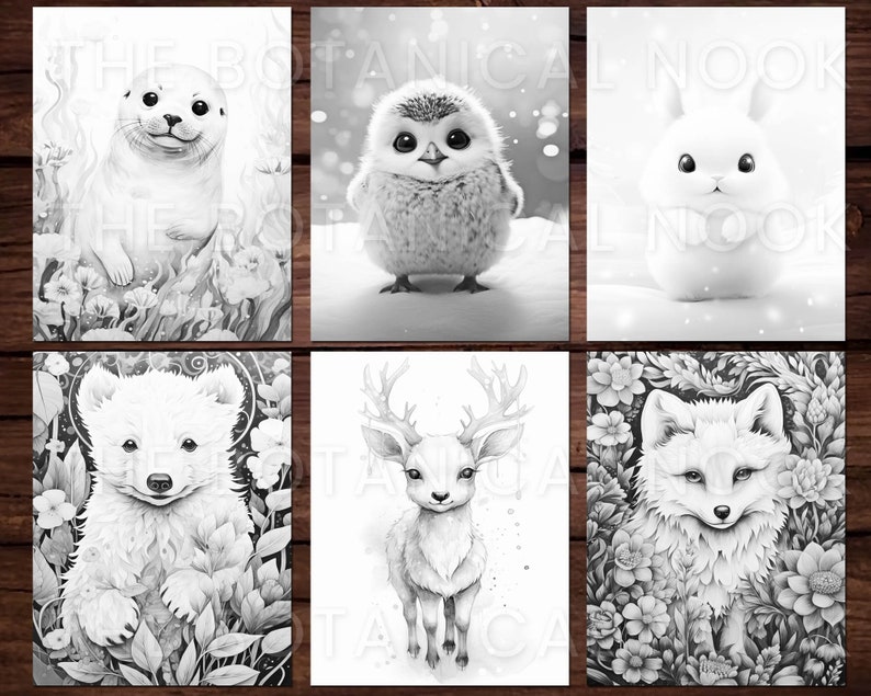 K&ouml;nnte beinhalten: Eine Sammlung von sechs Schwarz-Wei&szlig;-Tierillustrationen. Die Bilder zeigen eine Robbe, eine Eule, ein Kaninchen, ein Eisb&auml;renjunges, ein Reh und einen Fuchs. Jedes Tier ist in einem detaillierten, k&uuml;nstlerischen Stil dargestellt, umgeben von floralen Elementen.