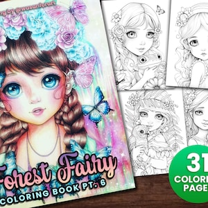 Delicate Forest Fairy Girls 5 Fantasy Anime Coloring Book, Adults + kids Instant Download - Grayscale Coloring Page Gift Printable Art PDF