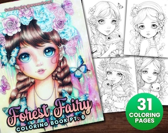 Delicato libro da colorare per ragazze fata della foresta 5 Fantasy Anime, download immediato per adulti e bambini - pagina da colorare in scala di grigi regalo stampabile PDF artistico