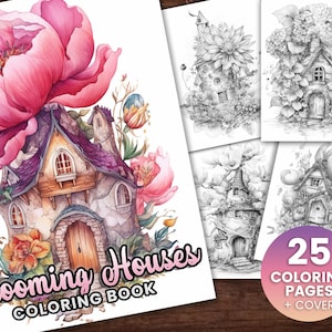 25 Blooming Fairy Homes Coloring Book, Adults kids Instant Download -Grayscale Coloring Book -Printable PDF, Flower Houses, Fairy Houses