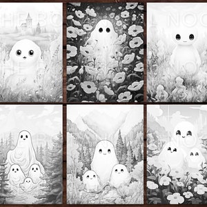 Puede incluir: Seis ilustraciones en blanco y negro de fantasmas en diferentes entornos. La primera imagen muestra un fantasma en un campo de flores. La segunda imagen muestra un fantasma en un campo de flores. La tercera imagen muestra un fantasma en un campo de flores. La cuarta imagen muestra un fantasma en un bosque. La quinta imagen muestra un fantasma en un bosque. La sexta imagen muestra un fantasma en un campo de flores.