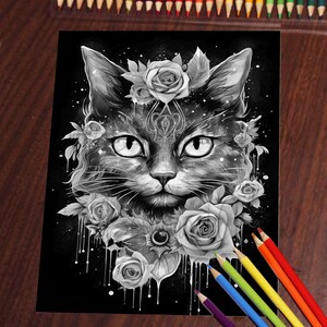 K&ouml;nnte beinhalten: Schwarzwei&szlig;-Illustration eines Katzenkopfes mit Rosen und anderen Blumen drumherum. Die Katze hat einen ernsten Ausdruck und gro&szlig;e, runde Augen. Der Hintergrund ist schwarz.
